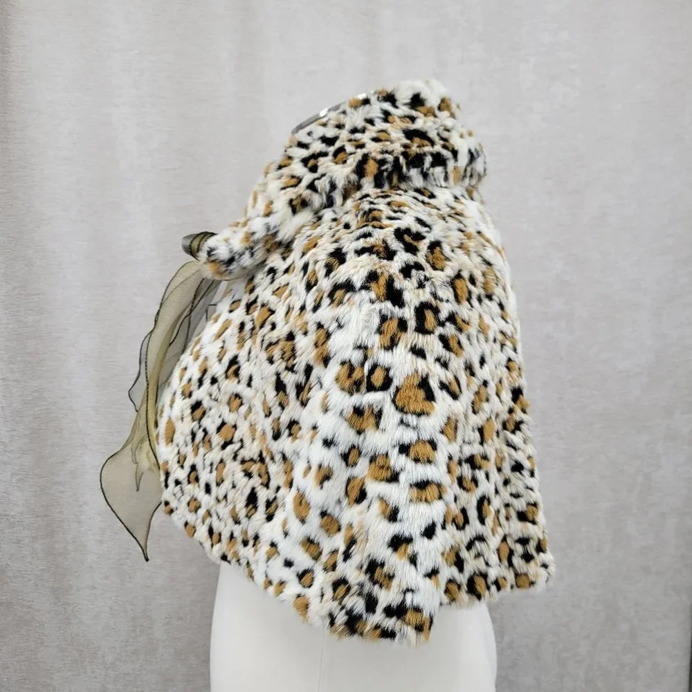Newport News Y2K or 90s Leopard Print Faux Fur Cape with Bow